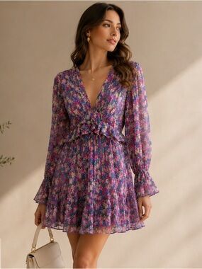 NEW | Nasty Gal Purple Floral V-Neck Pleated Mini Dress - Size 8